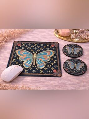 1MP. Butterfly Design Mouse Pad and Coaster Set